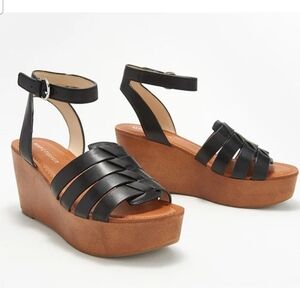Marc Fisher Black Woven Leather Ankle-Strap Wedge Sandals